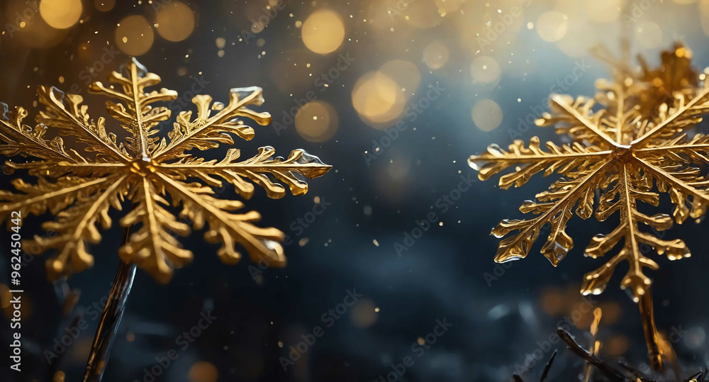 Poster Golden snowflakes shimmering mist abstract background