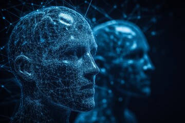 Brain chip Neural pathways Abstract 3D digital render of two futuristic human heads with glowing neural networks representing technological connection and AI