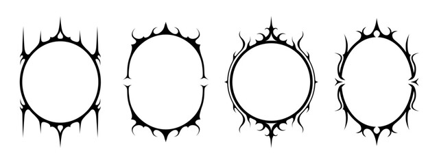Set of gothic frames for design or tattoo. Halloween frames fantasy border. Creepy oval ornament. Retro collection. Vector illustration