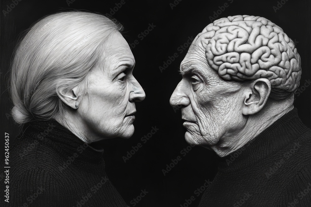 Poster cerebral processing neural pathways black and white portrait of an elderly couple with exposed brain