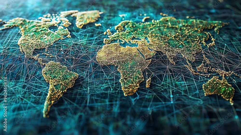 Poster an abstract digital illustration of a world map reveals a complex web of glowing network connections