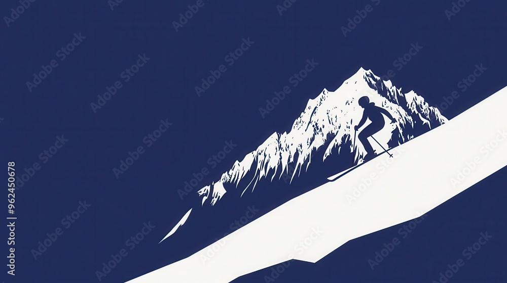 Poster the design showcases a skier silhouette gracefully navigating down a snowy slope against a backdrop 