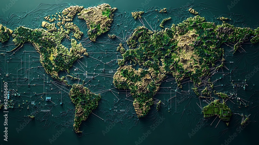 Poster a green background highlights an abstract world map with connecting lines, blending art and technolo