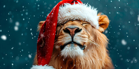 Lion with Santa Claus hat, blue background, surrounded by snow