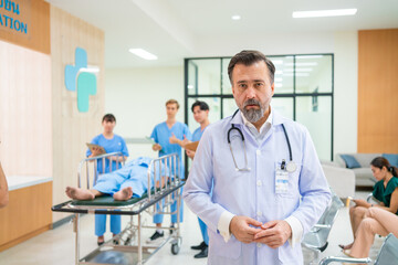 Specialized hospital medical center services and health care insurance concept. Portrait Group of...