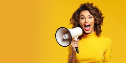 Dynamic announcement - smiling young woman with megaphone promoting sale offers on single colour background, ideal for banner design or with space for text, emphasizing enthusiasm and engagement