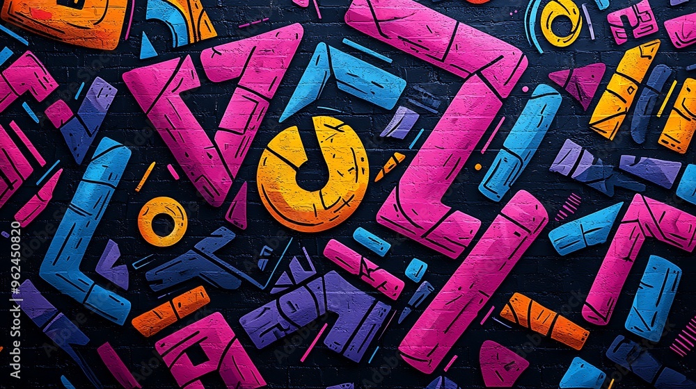 Poster bold geometric graffiti splashes across a wall, creating an abstract visual statement filled with vi