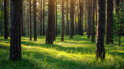 Fototapeta premium A serene forest scene with tall trees and lush green grass illuminated by sunlight.