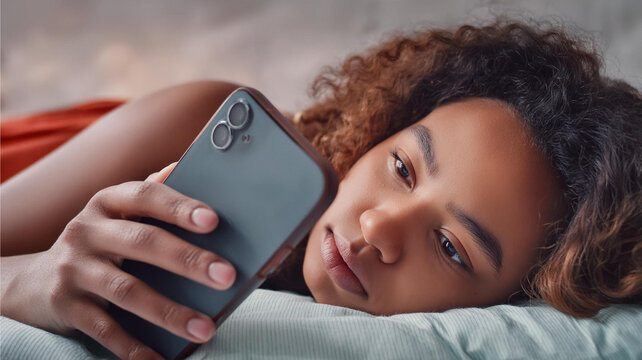 A child using smart phone lying in bed late at night, playing games, watching videos online, scrolling screen. Children's screen addiction and parent control concept. Child's room at night