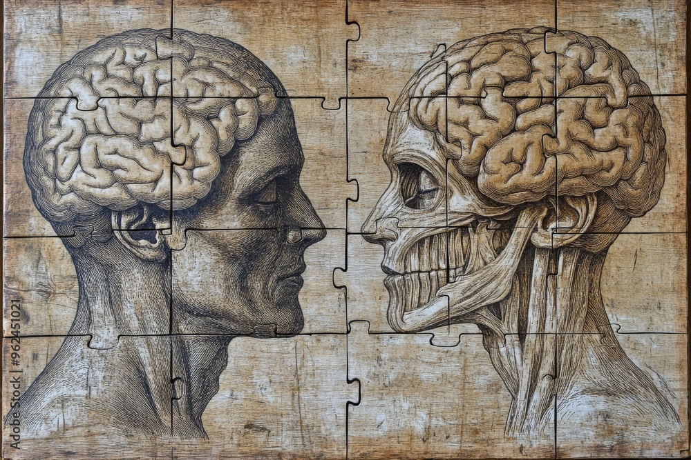 Poster neural architecture neural pathways vintage anatomical illustration of human heads revealing both br