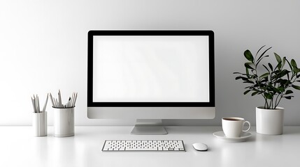 Fototapeta premium A minimalist white desk, complete with a computer, plant, and coffee cup, embodies calm, organized productivity.