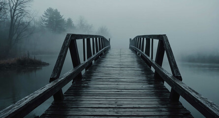 Fototapeta premium Haunted bridge with fog rising background