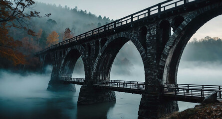 Obraz premium Haunted bridge with fog rising background