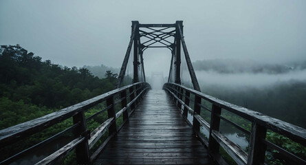 Fototapeta premium Haunted bridge with fog rising background