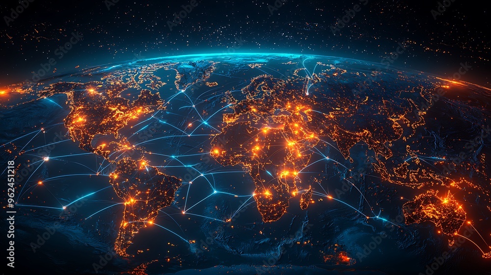 Poster earth at night sparkles with city lights and connecting lines, visualizing the vast network of globa