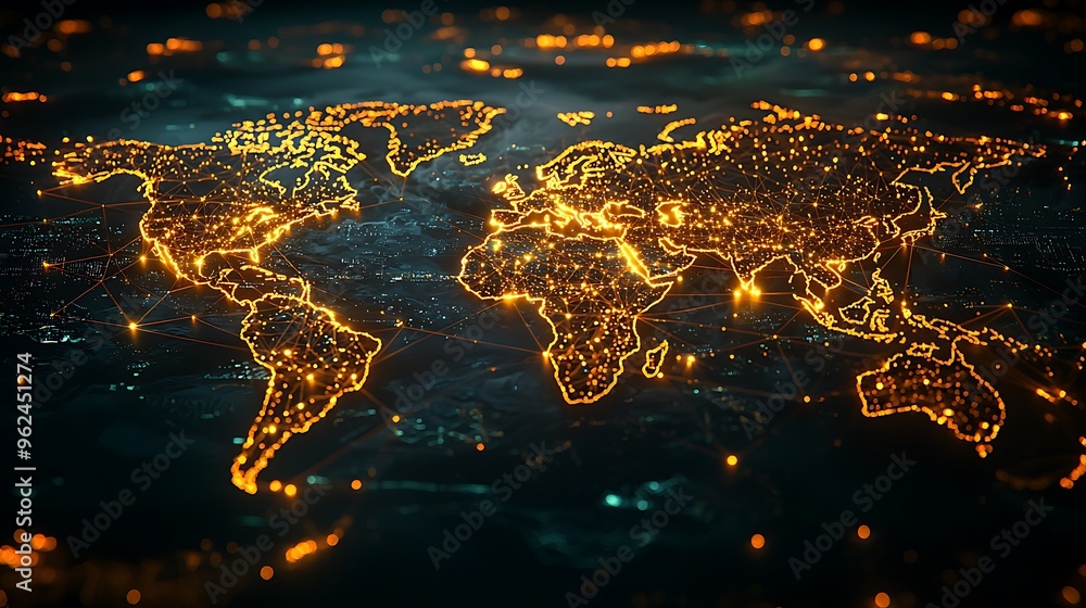 Poster a digital world map of illuminated cities and connected pathways embodies a futuristic view of globa