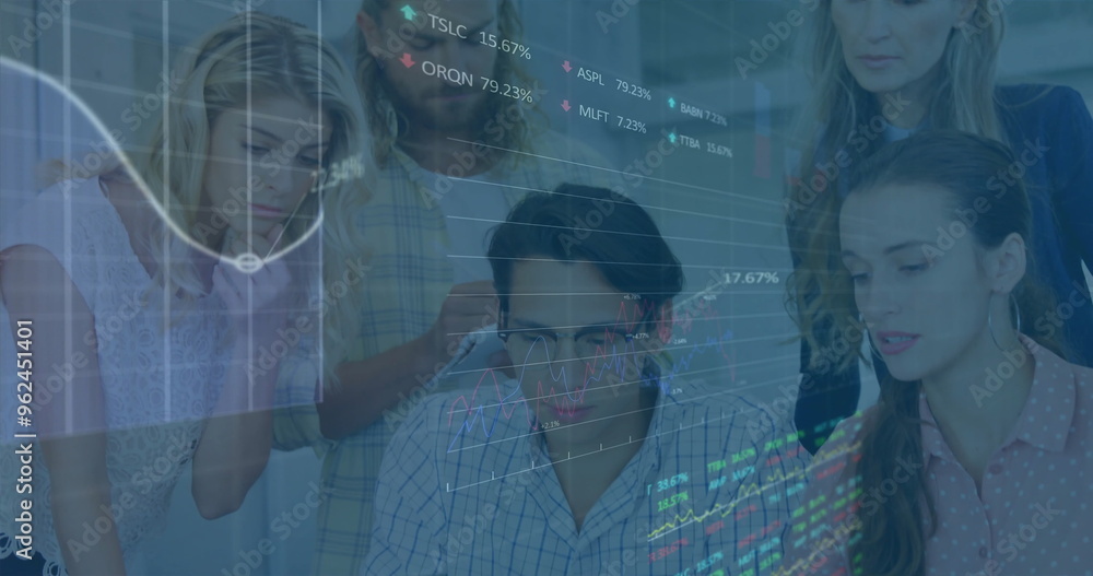 Poster image of financial data processing over diverse colleagues discussing work in office