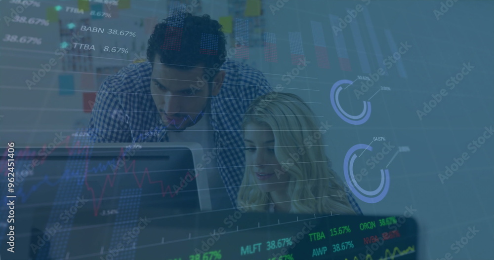 Poster image of financial data processing over diverse colleagues working in office