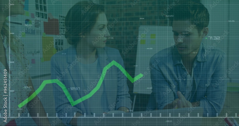 Poster image of financial data processing over diverse colleagues discussing work in office