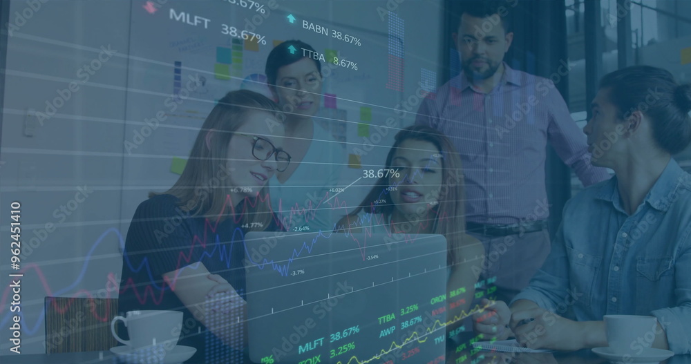 Poster image of financial data processing over diverse colleagues discussing work in office
