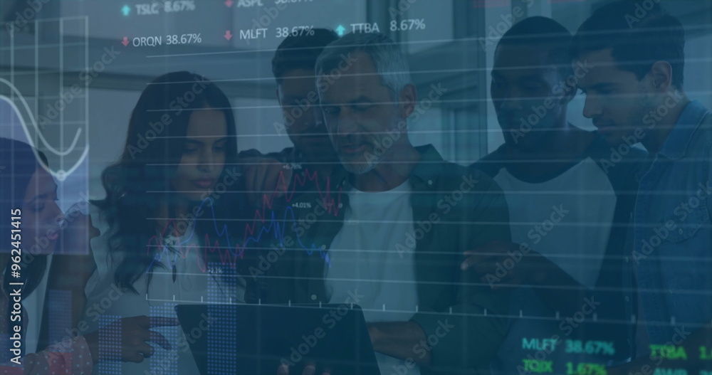 Poster image of financial data processing over diverse colleagues discussing work in office