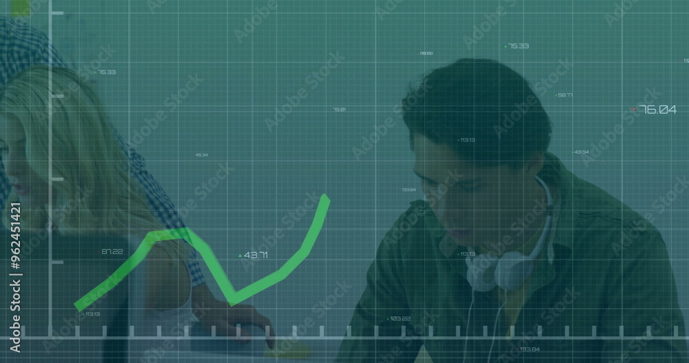 Poster image of financial data processing over diverse colleagues discussing work in office