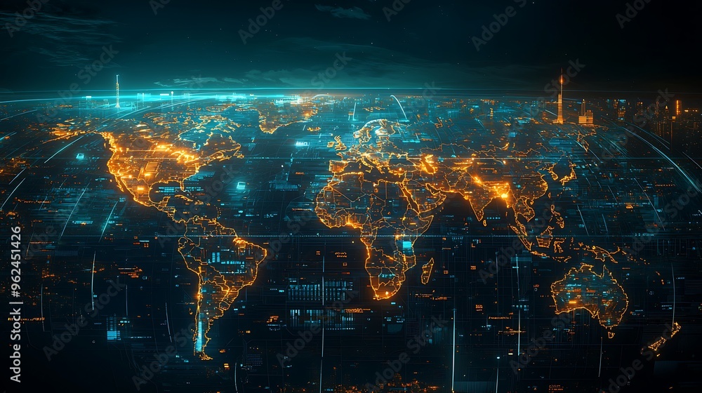 Poster a futuristic digital globe with vibrant connections highlights the data flow and networked world of 