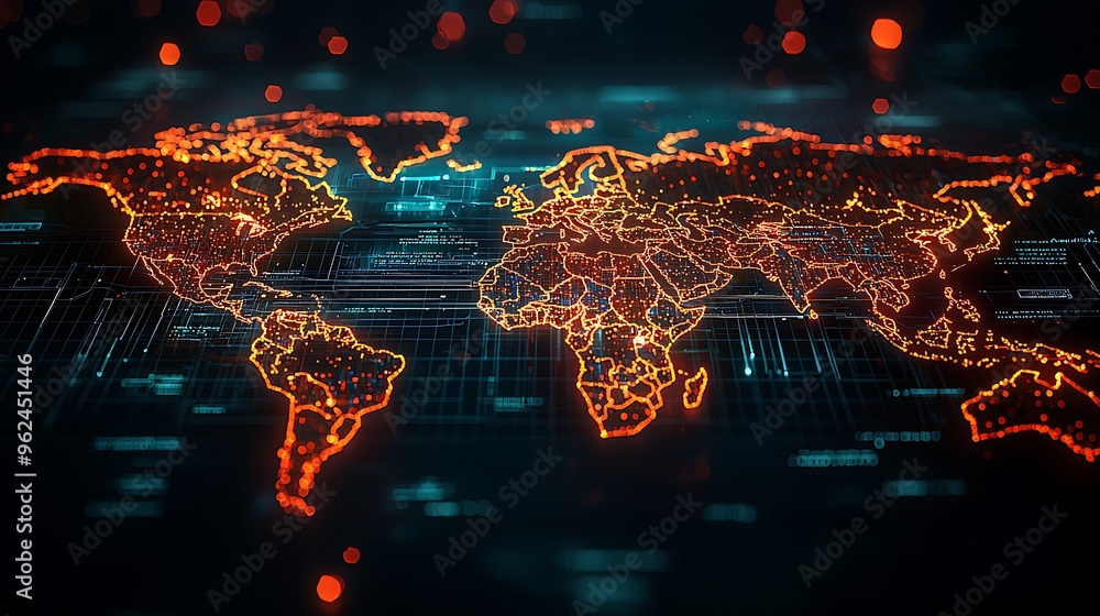 Poster a digital world map brims with glowing connections, abstractly depicting the global network of data 