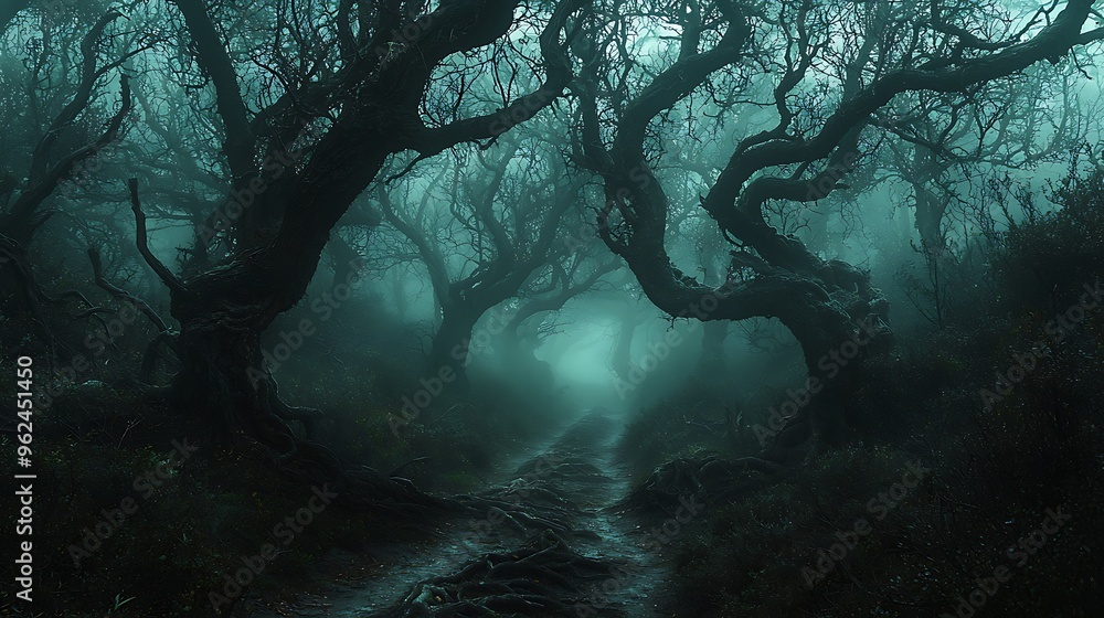 Poster a mysterious forest path winds through fog and twisted trees, creating an eerie and enchanting atmos