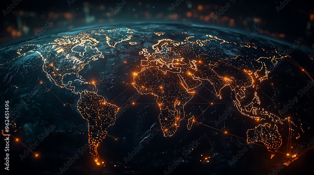 Poster a map of earth glows with lines and city lights, depicting the intricate connections of a digitally 