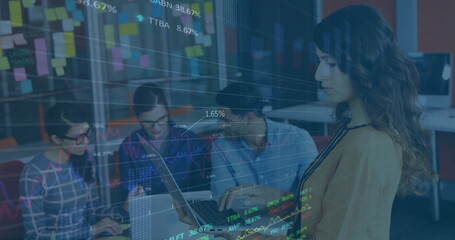 Image of financial data processing over diverse colleagues working in office