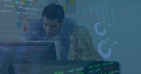 Image of financial data processing over diverse colleagues working in office