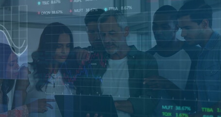 Image of financial data processing over diverse colleagues discussing work in office