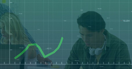 Image of financial data processing over diverse colleagues discussing work in office