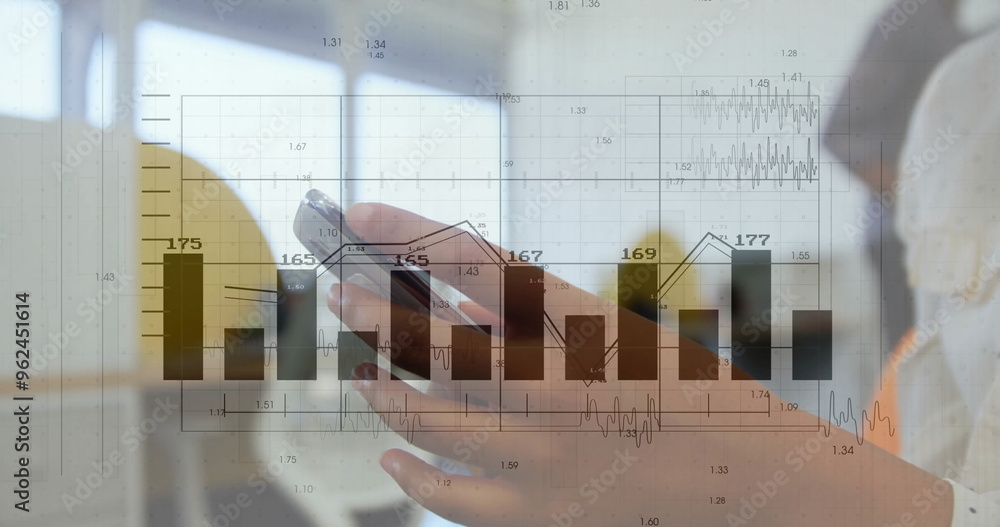 Poster image of diagrams and data processing over businesswoman using smartphone