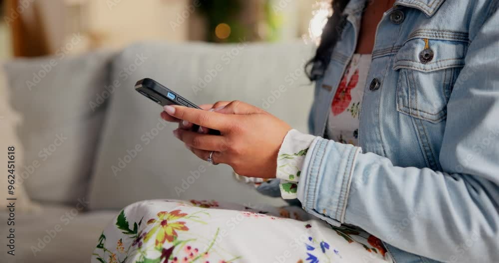 Poster phone, hands and woman typing in home to check social media account, news or politics on sofa. mobil