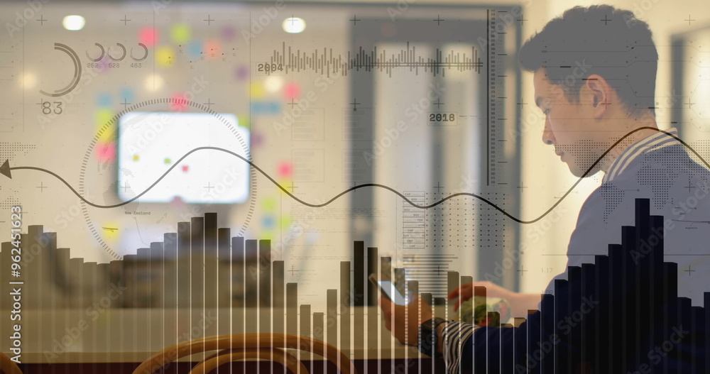 Poster Image of diagrams and data processing over asian businessman using smartphone