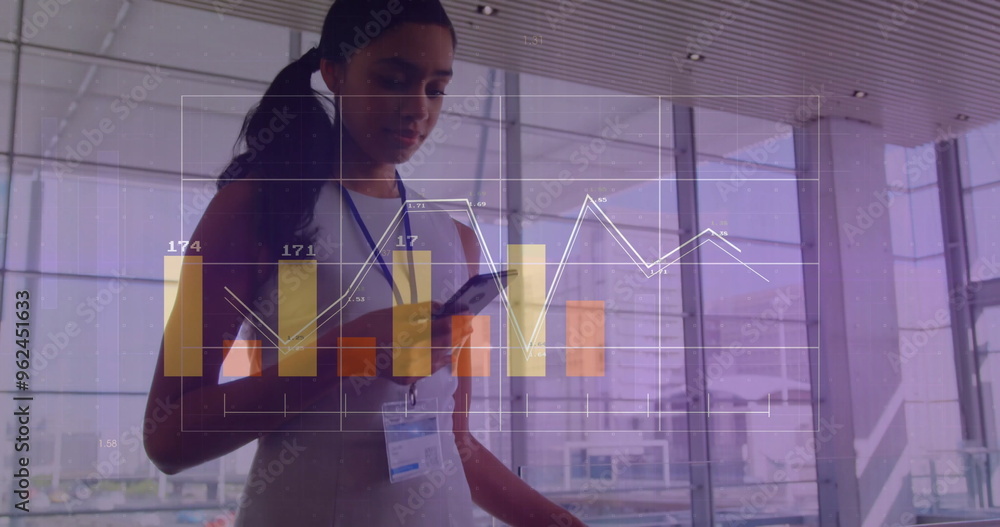 Poster image of diagrams and data processing over biracial female trainee using smartphone
