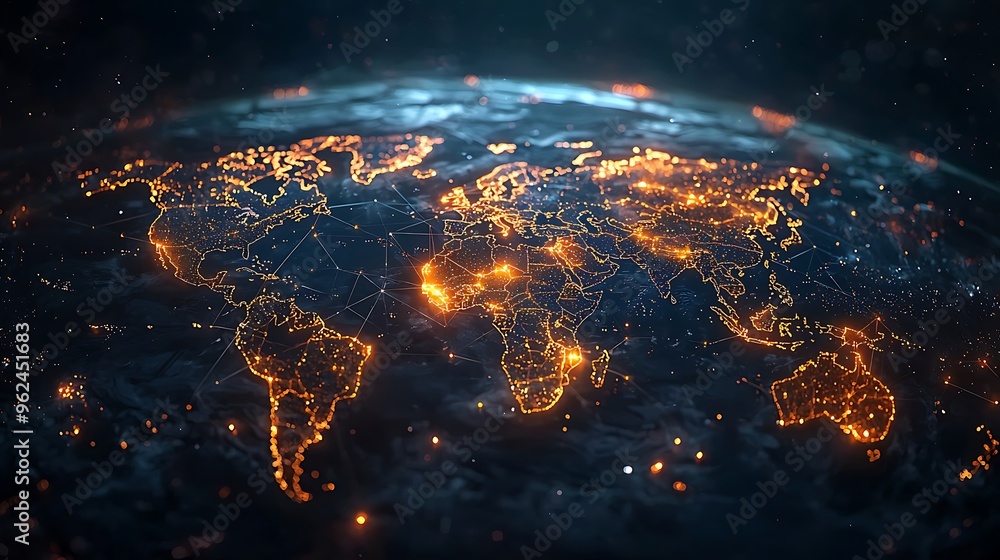 Aufkleber a glowing world map highlights illuminated cities, visualizing the intricate network of global conne