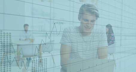 Image of financial data processing over diverse colleagues working in office