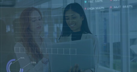 Image of financial data processing over diverse colleagues discussing work in office