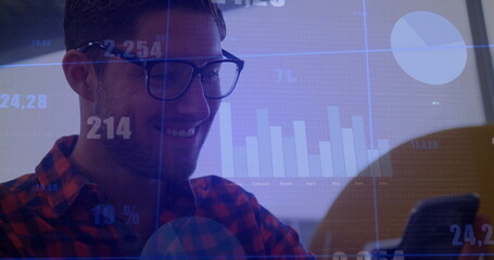 Image of diagrams and data processing over white businessman using smartphone