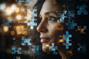 Neural processors Neural pathways Digital close up of a woman’s face blending with puzzle pieces symbolizing the complexity of identity and the process of self discovery
