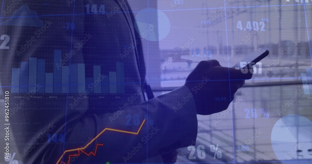 Poster image of diagrams and data processing over businessman using smartphone while walking