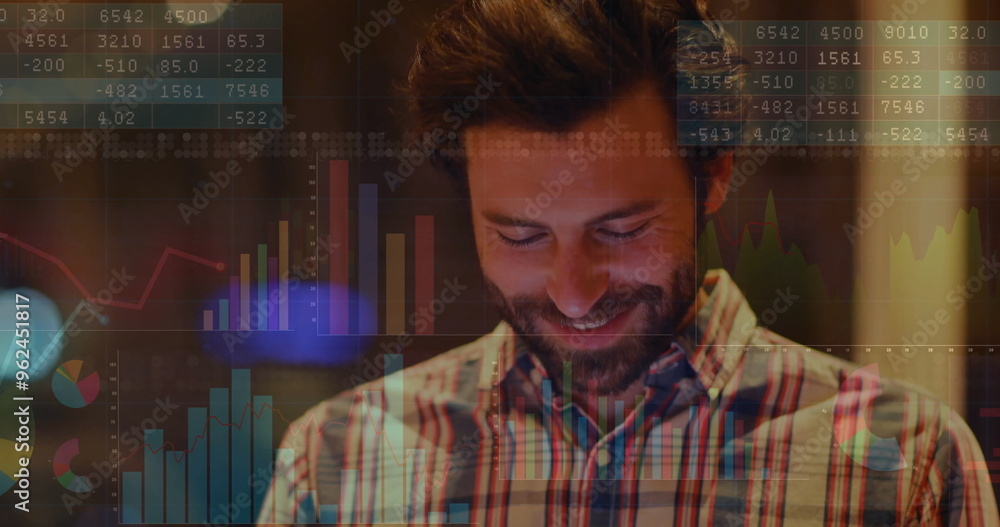 Poster image of diagrams and data processing over white businessman using smartphone
