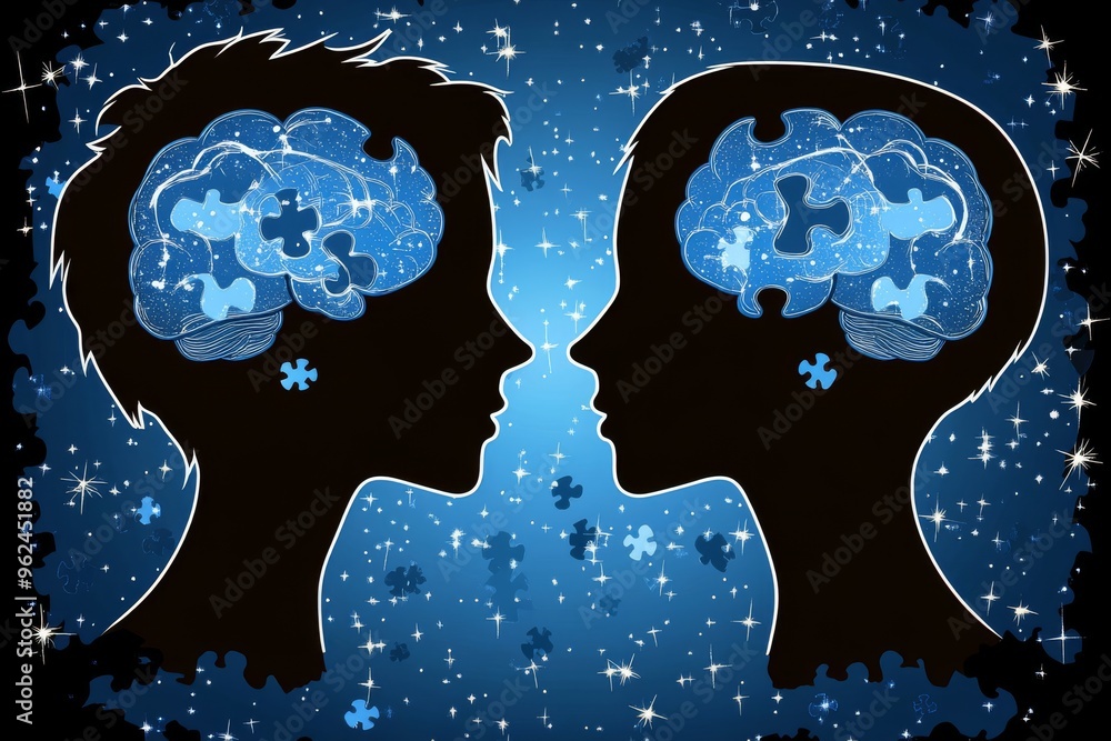 Poster brain neural pathways silhouette heads with puzzle shaped brains surrounded by stars symbolizing the