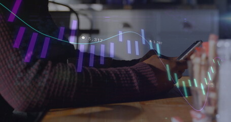 Image of diagrams and data processing over black businessman using smartphone