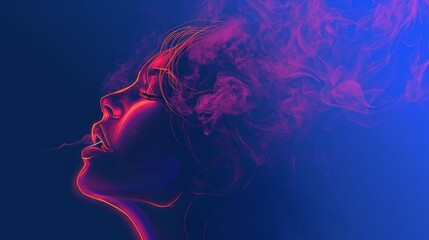 An artistic silhouette of a woman with neon pink smoke flowing from her lips, set against a deep blue backdrop. The neon light and flowing smoke add a surreal and futuristic feel, making it ideal for