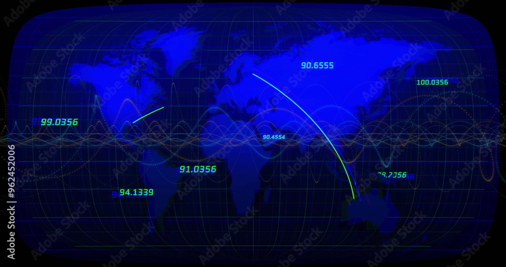 Poster global data transmission image over world map with numerical coordinates