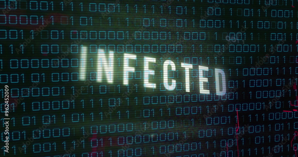 Poster infected text image over binary code background, indicating cybersecurity threat